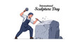 © Partono - An International Sculpture Day illustration showcases a sculptor diligently carving a large stone block with a chisel and mallet, set against a clean white background in a detailed vector