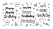 © Saeed_Collection - Hand-drawn happy birthday lettering set, black and white doodle celebration elements, festive typography collection for greeting cards and party invitations