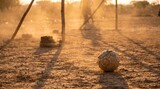 Worn soccer ball on dusty field at sunset, people walking and playing in background, warm hazy light symbolizing simplicity, community, and universal appeal of the game.