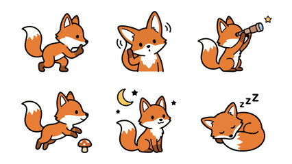  Adorable cartoon fox set showing different cute emotions and activities, perfect for playful designs.