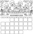 © RekhaRani - November 2026 thanksgiving family dinner coloring page calendar