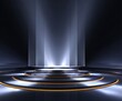 © Basileus - A modern illuminated stage with tiered platforms and spotlight effects.