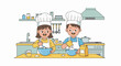 © anas - Two smiling children in chef hats and aprons bake in a kitchen