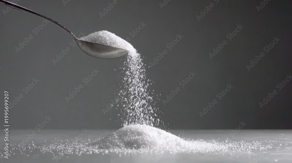 Granulated sugar pouring from a metallic scoop into a white pile ...