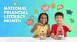 © Mariya Sorvacheva - Two children placing coins into glass jars labeled 'MY SAVINGS' with colorful graphics for National Financial Literacy Month in a bright, cheerful setting