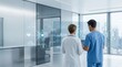 © Lee - Future healthcare technology holographic interface medical data analysis scientists researching genetic science hospital staff viewing virtual screens AI diagnostics in modern lab