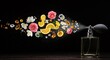 © D-point - TITTLE: Luxury perfume bottle spraying a burst of sparkling mist, rose petals, jasmine flowers, orange slices, and amber stones. Cosmetic aroma scent concept.
