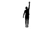 © Hughes - Black silhouette of a person jumping with one arm raised, isolated on transparent background