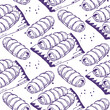 © Svetlana - Seamless pattern with hand drawn illustrations of fresh sausage rolls in paper packaging. Trendy linear food background for bakery textile, wrapping paper, or kitchen wallpaper.