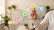 © Suresh - Female hand touching a glowing customer journey arc with milestone nodes representing awareness, purchase, satisfaction, and loyalty.