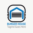 © pixeldesk - Minimalist burger house lineart logo,  Fast food, minimalist, burger combination with house in solid background, flat design, vintage, retro, cartoon, Logotype, cafe restaurant,