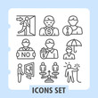 © iconqueen - Emergency exit door, no human, gallery visitor icons, collection illustrating concepts such as security, identity, weather, restrictions and activities. Set of nine line icons on white background.