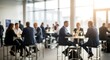 © haemye - Corporate event networking background featuring blurred professionals in a modern reception hall with soft lighting and glass architecture ideal for business presentation design or marketing visuals