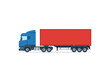 © atar - Flat vector illustration of a modern blue semi truck with a red container trailer.