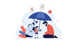© Gias - Protective robot holding a blue umbrella over a father and his young child to symbolize safety, insurance, and technological care.