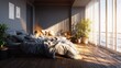 © Lufi - Modern bedroom with sunlight streaming through windows and wooden floor