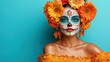 © Kaafin - Woman in Catrina makeup, floral crown, orange dress, blue background; Day of the Dead celebration