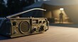 © Nataly - Military radio on wooden table near tent during dusk. Military radio connects personnel in outdoor environment, delivering crucial communications.