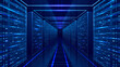 © AntonKhrupinArt - Data Server Room. Glass Mirror Floor. Modern Data Center. Glowing Server Racks and Flowing Digital Connections. Futuristic Cloud Infrastructure Visualization. Technology Background in Tech Blue Colors