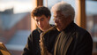 © forenna - Retired jazz musician teaching saxophone to teenager in community music hall, open instrument cases and sheet music scattered, afternoon light through tall windows, senior career reinvention, music