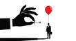 © ClipsByAnderson - Giant hand holding a sharp pin about to pop a red balloon tied to a businessman