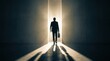 © AspctStyle - 3D render illustration of career opportunity concept with businessman walking toward light. Future vision, leadership and professional transition for corporate success.