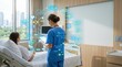 © Infinite Views - Future medical technology digital health monitoring system smart hospital room nurse using tablet device to track patient vitals holography display artificial intelligence in