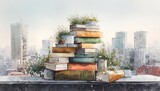 Stack of Books with Plants and Cityscape Background.