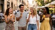 © Olinka N - Four friends walk down a lively street in Rome, each holding an ice cream cone. They share smiles and laughter under the sun, surrounded by people at tables nearby