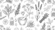 © Md - Hand drawn herbal medicine and botanical plants vector pattern featuring lavender, chamomile, rosemary, mortar and pestle and vintage medicinal herbs
