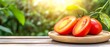 © Sumet - Freshly Sliced Juicy Ripe Tomatoes on Wooden Plate Surrounded by Nature and Green Leaves in Warm Natural Light