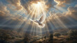 © Faith Stock Studio - Holy Spirit descending as a white dove from heaven. Divine light rays shining over a biblical landscape. Religious concept of peace and faith