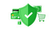 © Dzikra - Secure Online Payment Concept: Green Protection Shield with Credit Cards, Padlock, and Shopping Cart for Digital Transaction Safety