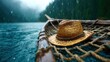 © svastix - A straw hat rests on a canoe in a serene, rainy landscape, highlighting the beauty of nature’s elements and evoking feelings of solitude, adventure, and tranquility amidst the rain.