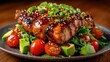 © svastix - A mouthwatering display of grilled chicken served on a bed of fresh salad, garnished with vibrant cherry tomatoes and avocado, representing a healthy and appetizing meal.