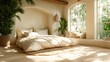 © svastix - A bright and serene minimalist bedroom featuring soft bedding and abundant natural light, creating a peaceful retreat that emphasizes comfort, relaxation, and harmonious living.