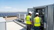 © Olivia - Male electricians and workers wearing safety helmet inspecting solar panels checking electrical control box at renewable energy station for power generation maintenance