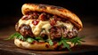 © svastix - This appetizing close-up of a gourmet burger reveals a delicious combination of succulent meat and fresh toppings, showcasing culinary creativity and flavor temptation.