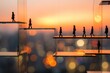 © Aldo - Silhouettes of people walking on elevated platforms against a sunset sky.
