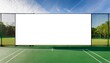 © Juana - white blank billboard mockup on green chain link fence at tennis court with park background empty advertising poster frame for digital banner design marketing promotion display