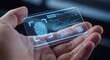 © Maria - Hand holding a transparent futuristic digital card with fingerprint scan and data analytics concept for biometric security and advanced technology
