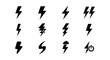 © Hasan - Lightning bolt icon set, 12 black thunderbolt vector symbols, electric power and energy flash signs, minimalist weather and charging icons