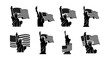 © Mehedi - Statue of Liberty silhouette collection with American flag, 8 patriotic vector icons, black and white USA landmark symbols for Fourth of July
