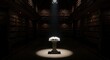 © Hungarian - Open book rests on a pedestal under a bright spotlight in the center of a dark library.