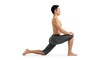 © Guilherme - A shirtless man in gray shorts performing a lunge exercise on a white background