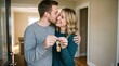 © Eve - Happy young couple holding keys to new home hugging in empty room moving in together real estate mortgage and house ownership concept