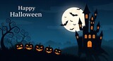 Happy Halloween greeting card with a dark haunted castle and glowing pumpkins under a full moon