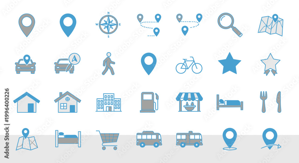 Location Map and Navigation Outline Icons Set, Travel GPS Pins and ...
