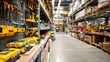 © nurlela - A brightly lit aisle in a hardware store showcases a variety of tools and equipment neatly organized on display shelves, creating a sense of abundance and utility.