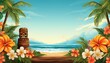© Tamara - hawaiian tiki beach border for a custom message or design background photo backdrop ocean waves flowers palm leaves polynesian carved statues luau invitation
